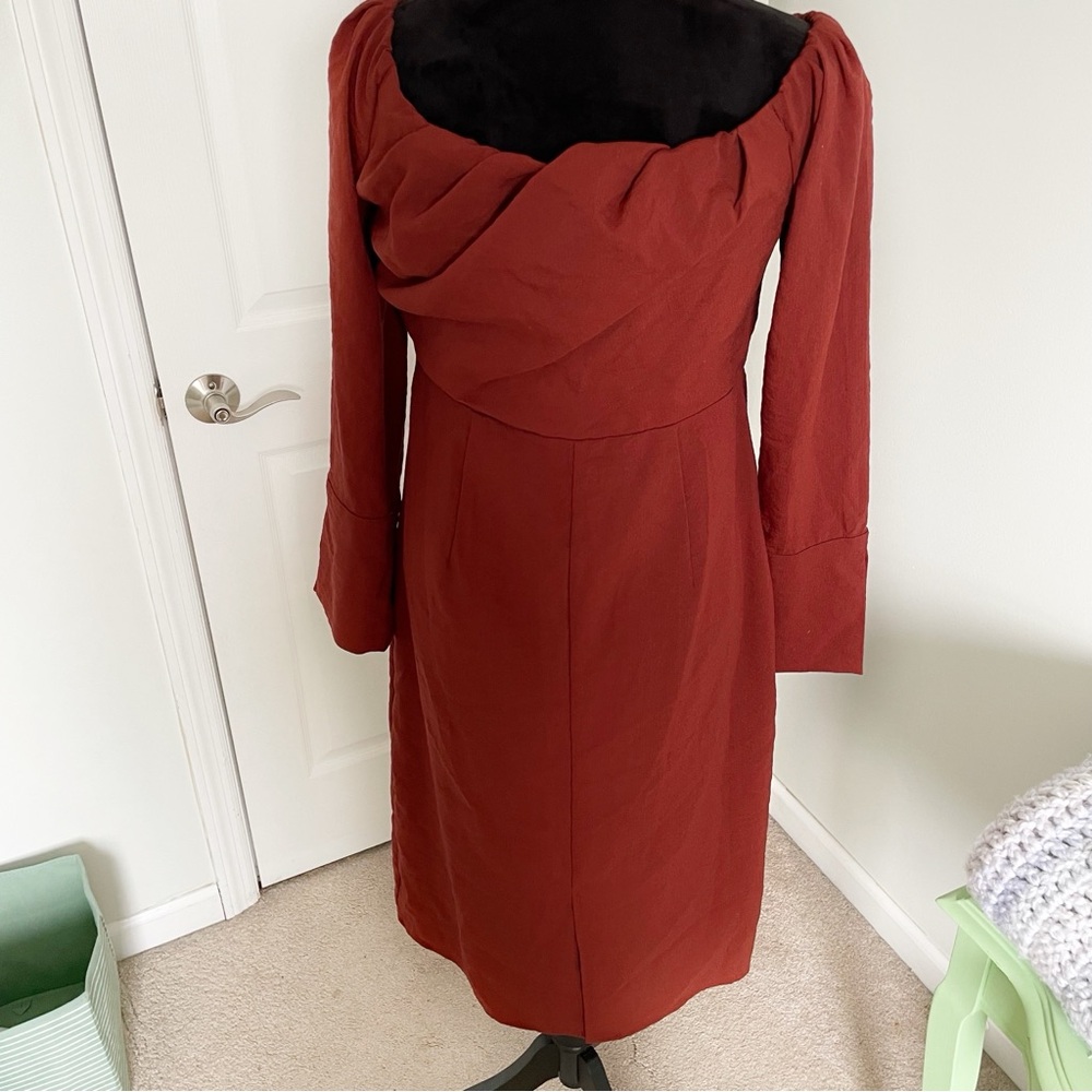 Future Collective Reese Blutstein Rust Red Off Shoulder Midi Dress 10 - Picture 7 of 9